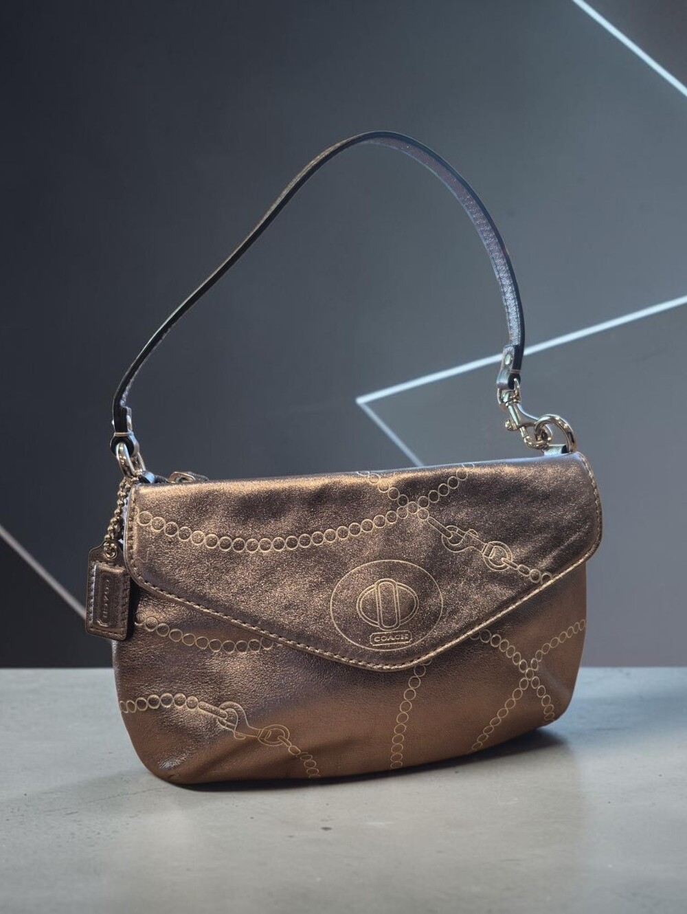 Coach Leather Metallic Silver Chain-Embossed Demi Flap Shoulder Bag - Picture 3 of 8